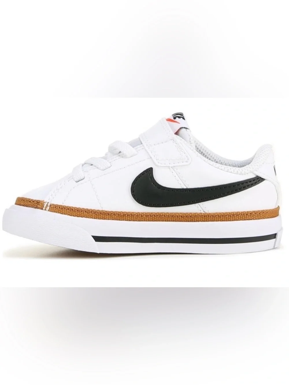Nike Kids White Sneakers with Black Swoosh and Tan Accent